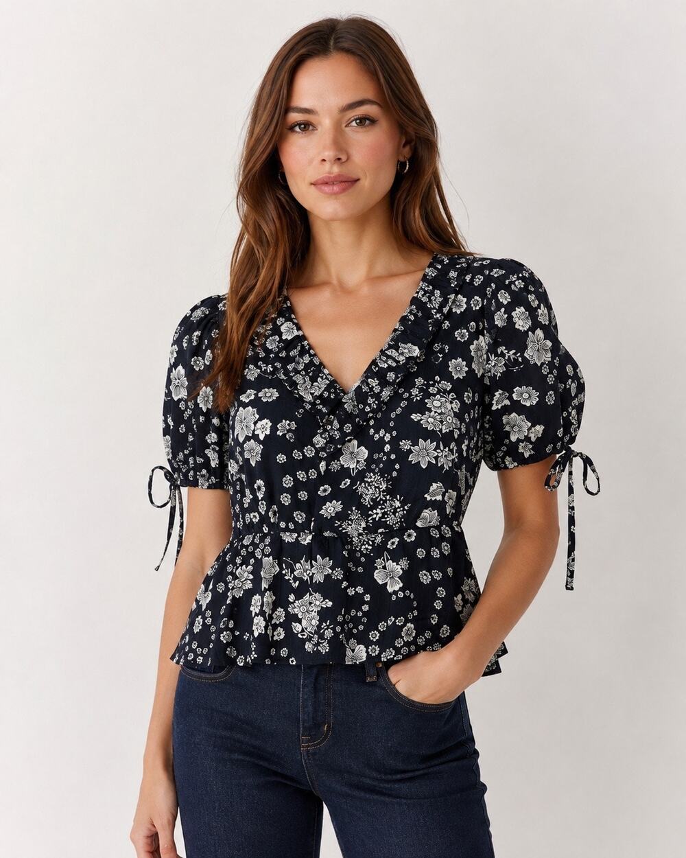 Walter Baker Mindy Floral Voile Peplum Top Evening Lily Ruffle Tie Sleeve XS NWT